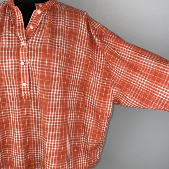 Universal Thread S Orange White Plaid Oversize Button Popover Balloon Sleeve Top - Picture 6 of 12